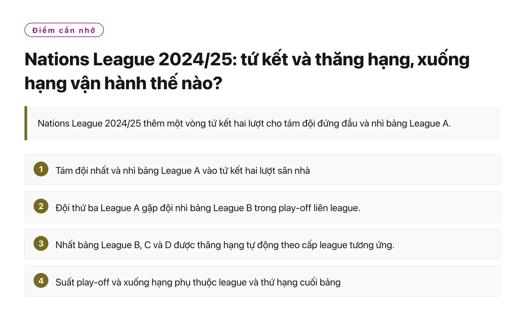 Nations League 2024/25: tứ kết và thăng hạng, xuống hạng vận hành thế nào?——全文要点速览